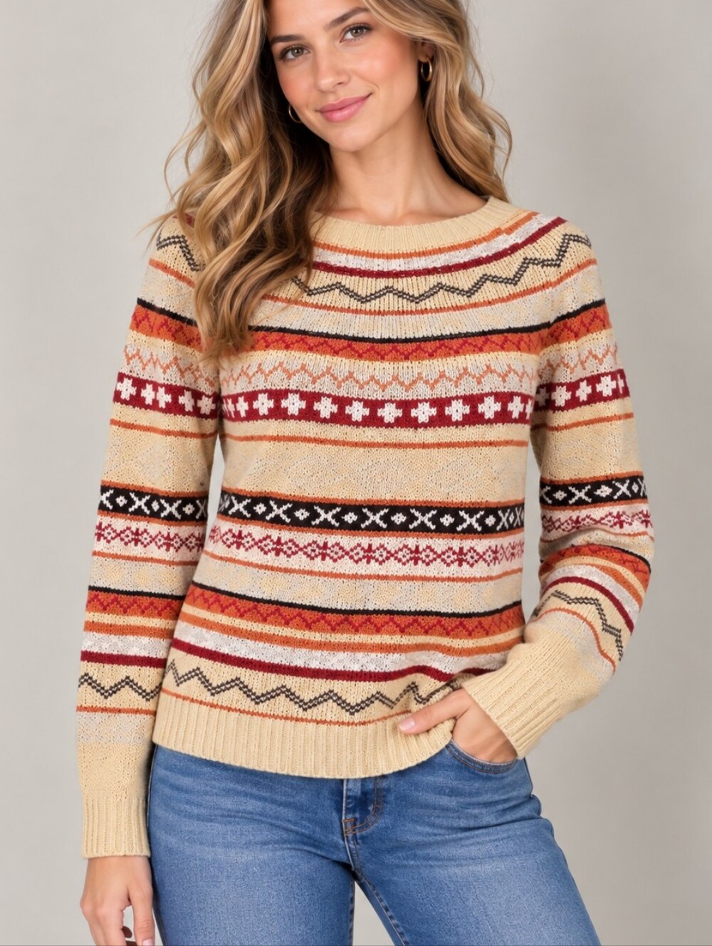 Misslook Colorful Afrocentric Fair Isle Aztec Striped Oversized Ski Sweater